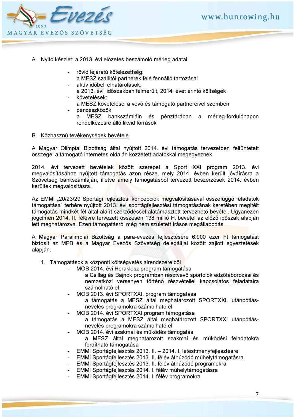 évet érintő költségek követelések: a MESZ követelései a vevő és támogató partnereivel szemben pénzeszközök a MESZ bankszámláin és pénztárában a mérlegfordulónapon rendelkezésre álló likvid források B.