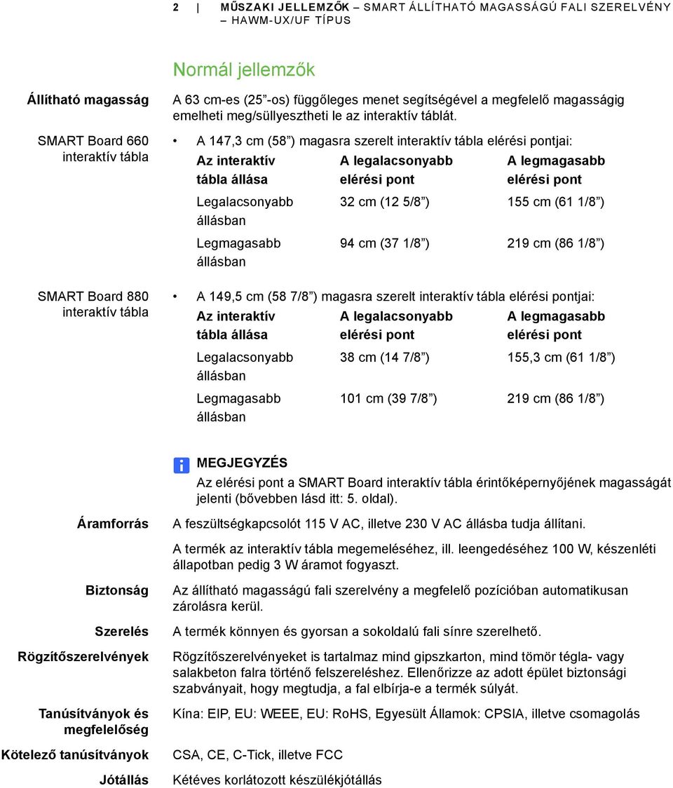 A 147,3 cm (58 ) magasra szerelt interaktív tábla jai: Az interaktív tábla állása Legalacsonyabb Legmagasabb A 149,5 cm (58 7/8 ) magasra szerelt interaktív tábla jai: Az interaktív tábla állása