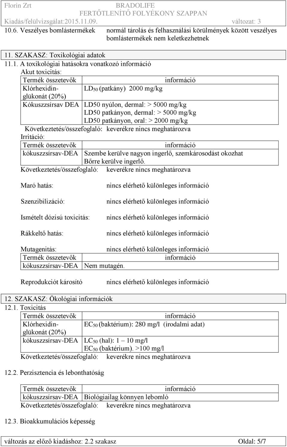 Irritáció: kókuszzsírsav-dea Szembe kerülve nagyon ingerlő, szemkárosodást okozhat Bőrre kerülve ingerlő.