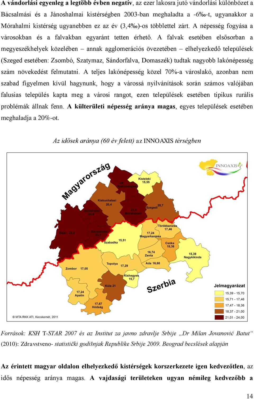 A falvak esetében elsősorban a megyeszékhelyek közelében annak agglomerációs övezetében elhelyezkedő települések (Szeged esetében: Zsombó, Szatymaz, Sándorfalva, Domaszék) tudtak nagyobb lakónépesség