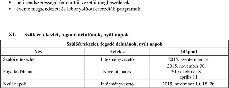 Szülőértekezlet, fogadó délutánok, nyílt napok Szülőértekezlet, fogadó délutánok, nyílt