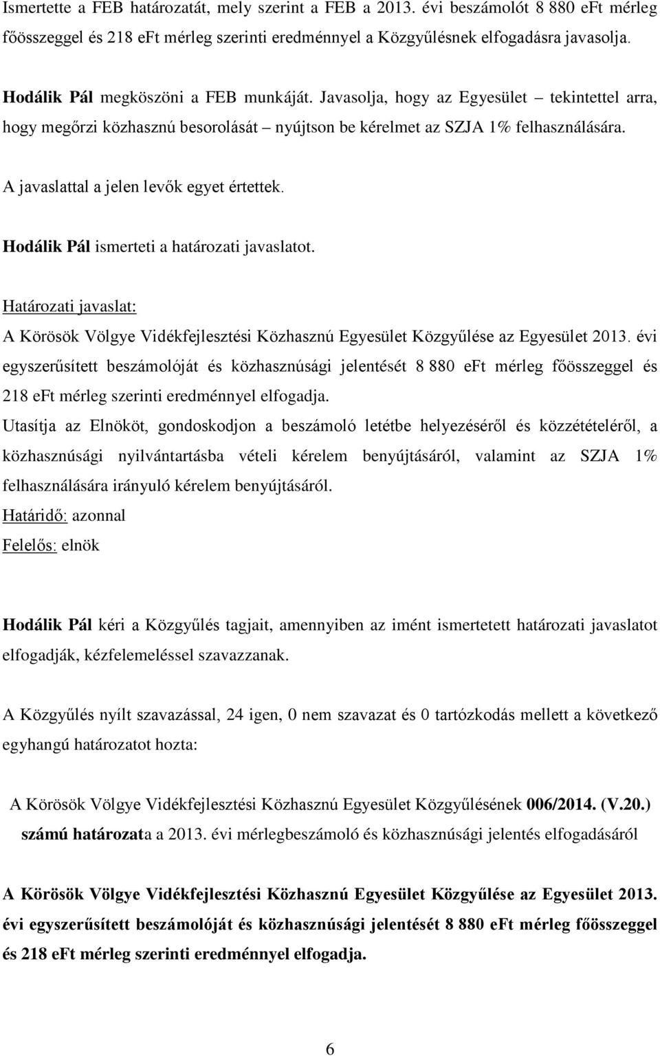 A javaslattal a jelen levők egyet értettek. Hodálik Pál ismerteti a határozati javaslatot. Határozati javaslat: A Körösök Völgye Vidékfejlesztési Közhasznú Egyesület Közgyűlése az Egyesület 2013.