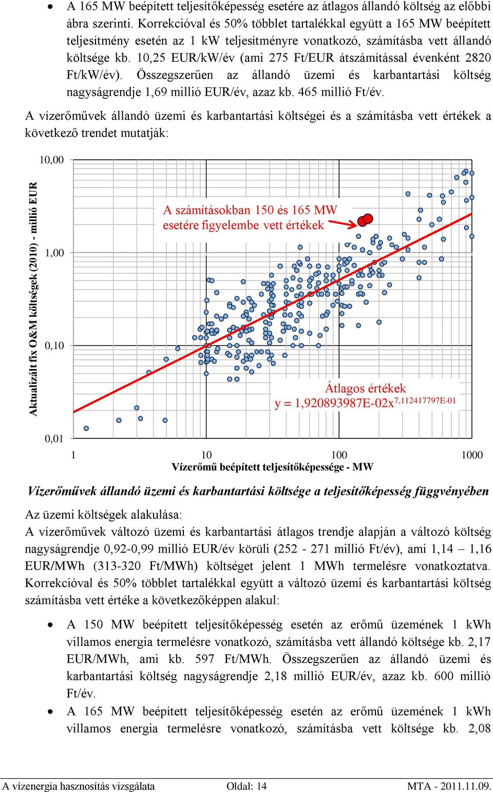 10,25 EUR/kW/év (ami 275 Ft/EUR átszámítással évenként 2820 Ft/kW/év). Összegszerűen az állandó üzemi és karbantartási költség nagyságrendje 1,69 millió EUR/év, azaz kb. 465 millió Ft/év.