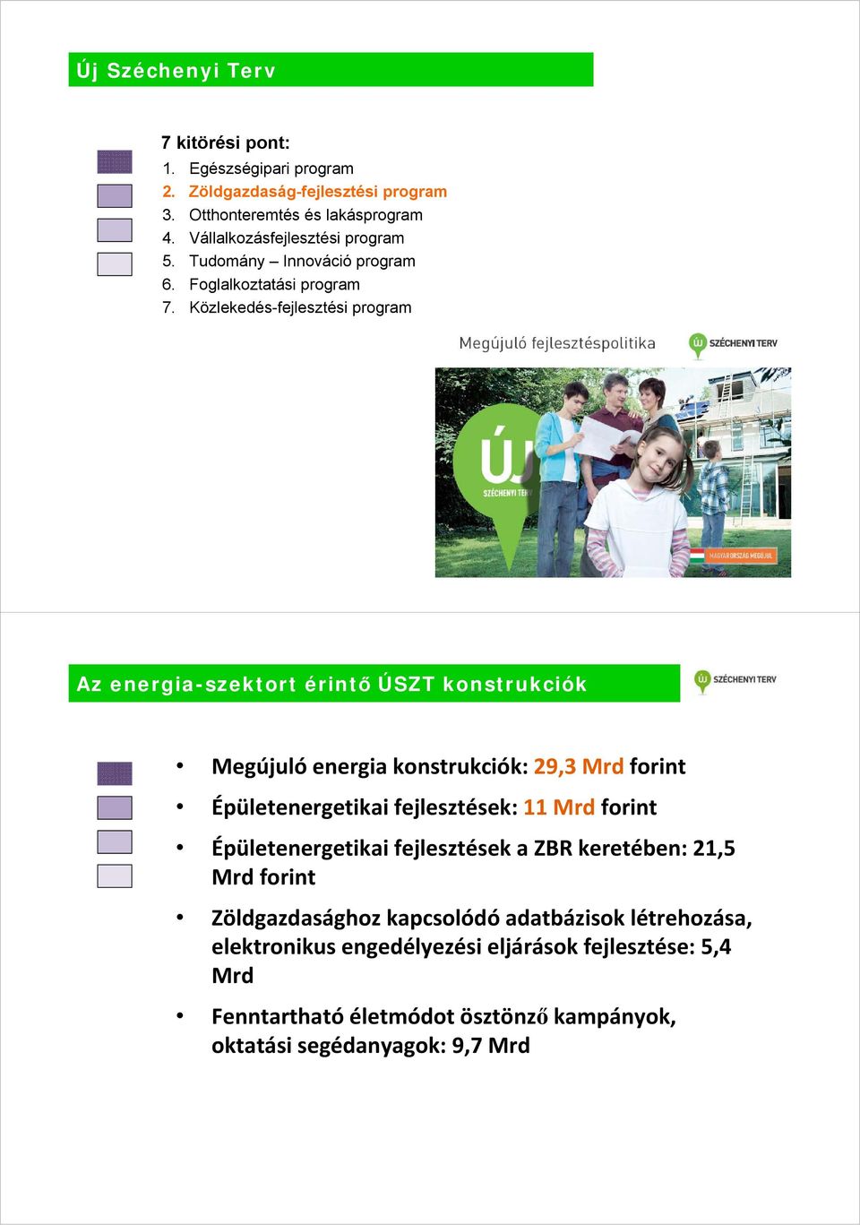 Közlekedés-fejlesztési program Az energia-szektort érintő ÚSZT konstrukciók Megújuló energia konstrukciók: 29,3 Mrd forint Épületenergetikai fejlesztések: 11