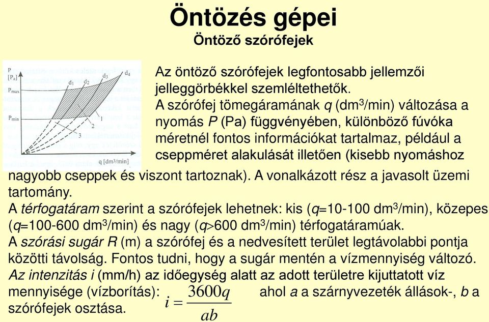 nagyobb cseppek és viszont tartoznak). A vonalkázott rész a javasolt üzemi tartomány.