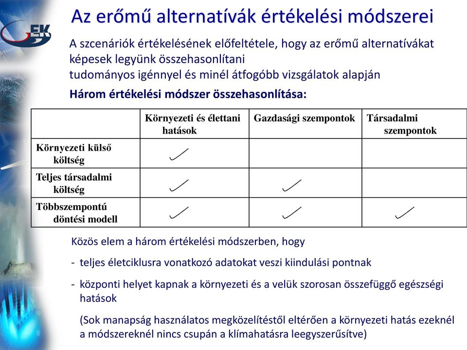 szempontok Társadalmi szempontok Közös elem a három értékelési módszerben, hogy - teljes életciklusra vonatkozó adatokat veszi kiindulási pontnak - központi helyet kapnak a környezeti