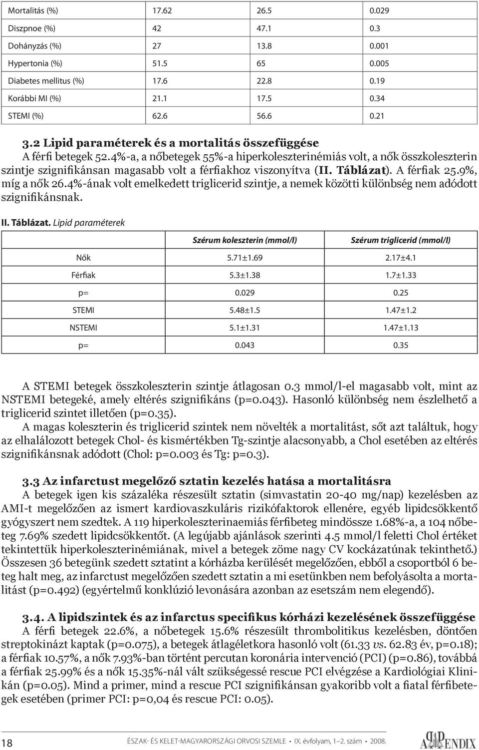 4%-a, a nőbetegek 55%-a hiperkoleszterinémiás volt, a nők összkoleszterin szintje szignifikánsan magasabb volt a férfiakhoz viszonyítva (II. Táblázat). A férfiak 25.9%, míg a nők 26.