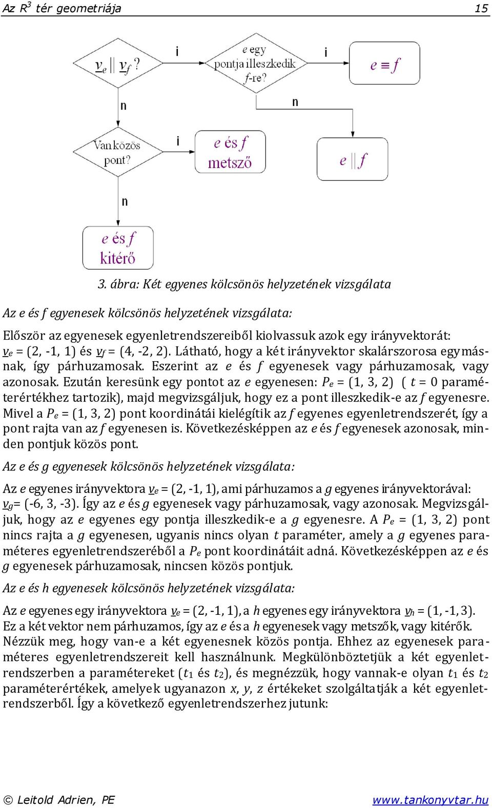 ( -. Látható hogy a két irányvektor skalárszorosa egymásnak így párhuzamosak. Eszerint az e és f egyenesek vagy párhuzamosak vagy azonosak.