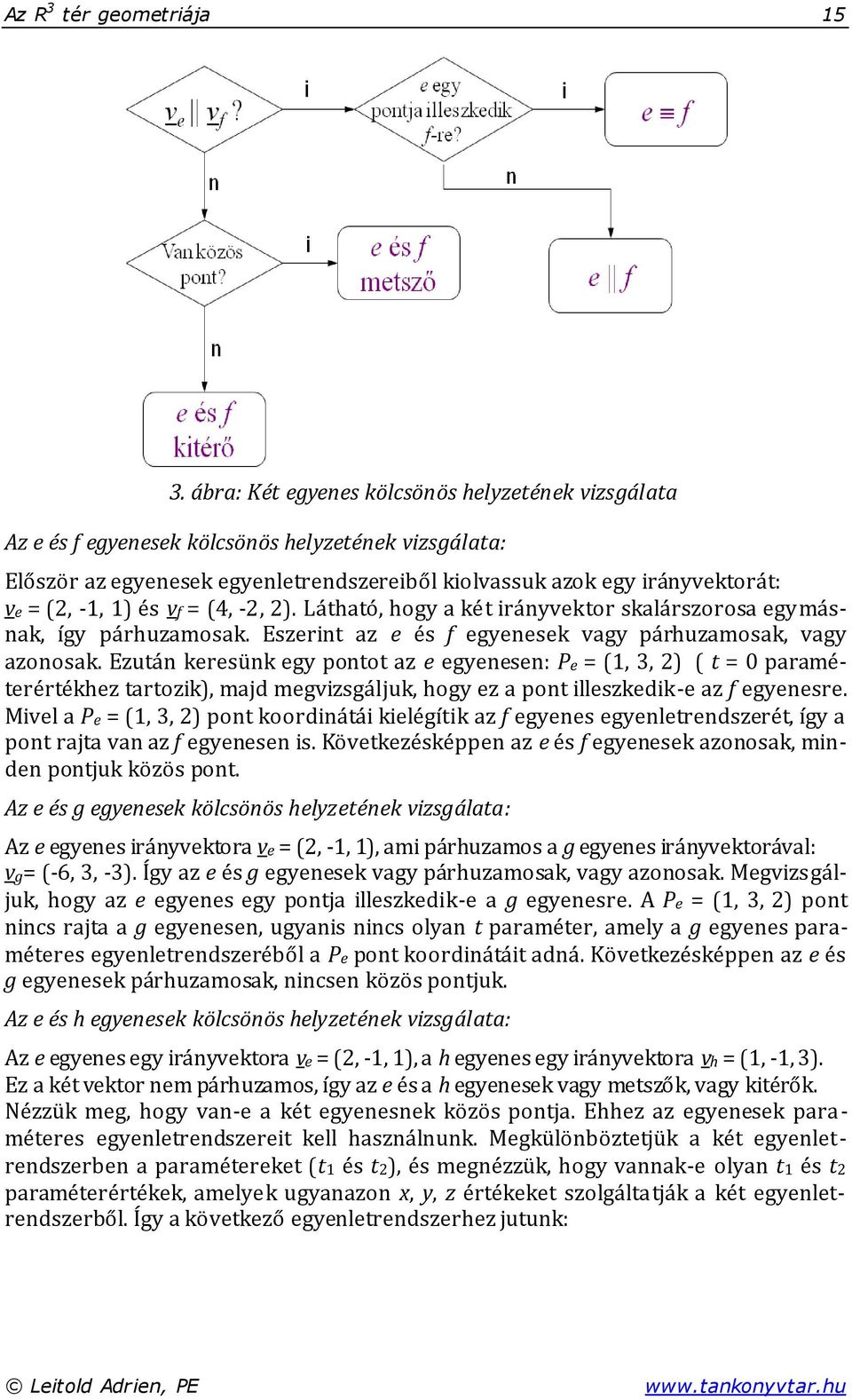 ( -. Látható hogy a két irányvektor skalárszorosa egymásnak így párhuzamosak. Eszerint az e és f egyenesek vagy párhuzamosak vagy azonosak.