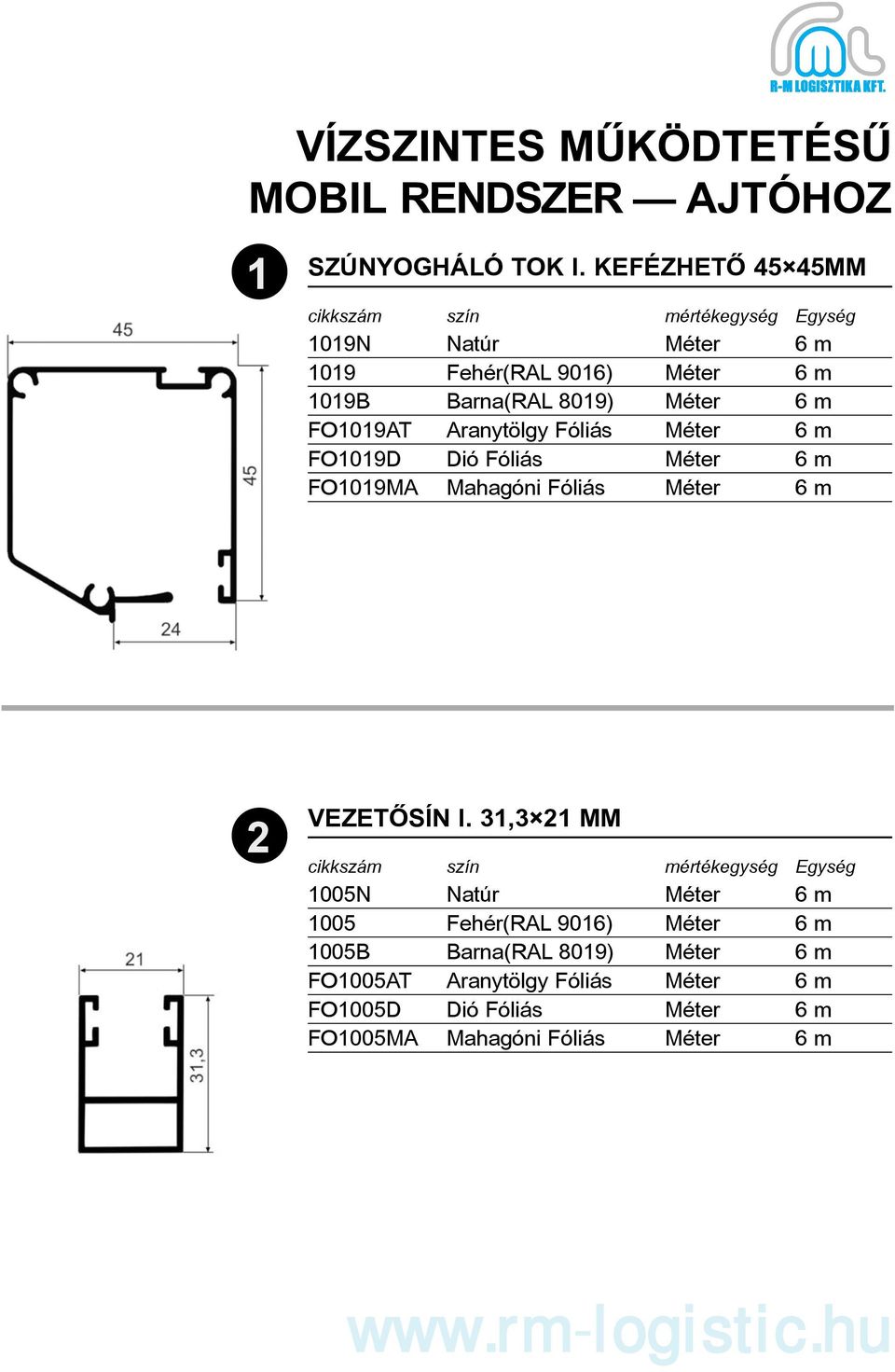 Aranytölgy Fóliás Méter 6 m FO1019D Dió Fóliás Méter 6 m FO1019MA Mahagóni Fóliás Méter 6 m 2 VEZETÕSÍN I.