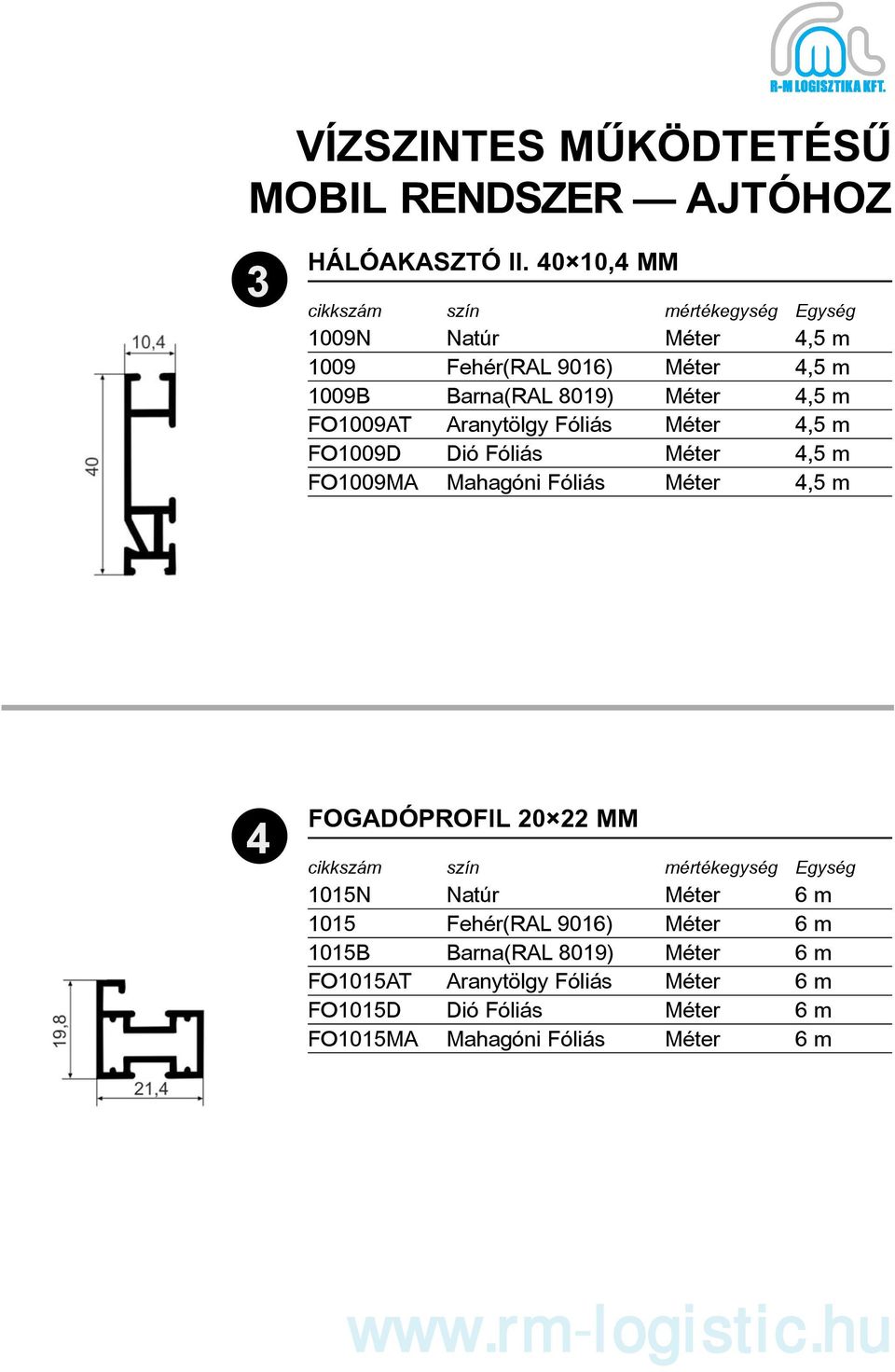 Aranytölgy Fóliás Méter 4,5 m FO1009D Dió Fóliás Méter 4,5 m FO1009MA Mahagóni Fóliás Méter 4,5 m 4 FOGADÓPROFIL 20 22