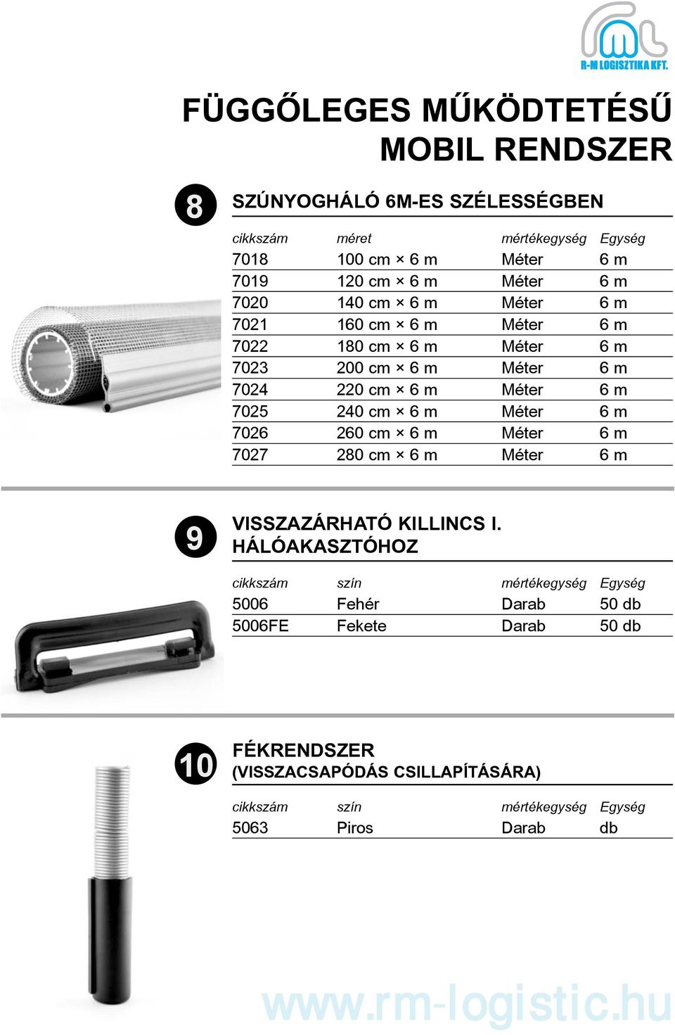 m 7024 220 cm 6 m Méter 6 m 7025 240 cm 6 m Méter 6 m 7026 260 cm 6 m Méter 6 m 7027 280 cm 6 m Méter 6 m 9 VISSZAZÁRHATÓ KILLINCS