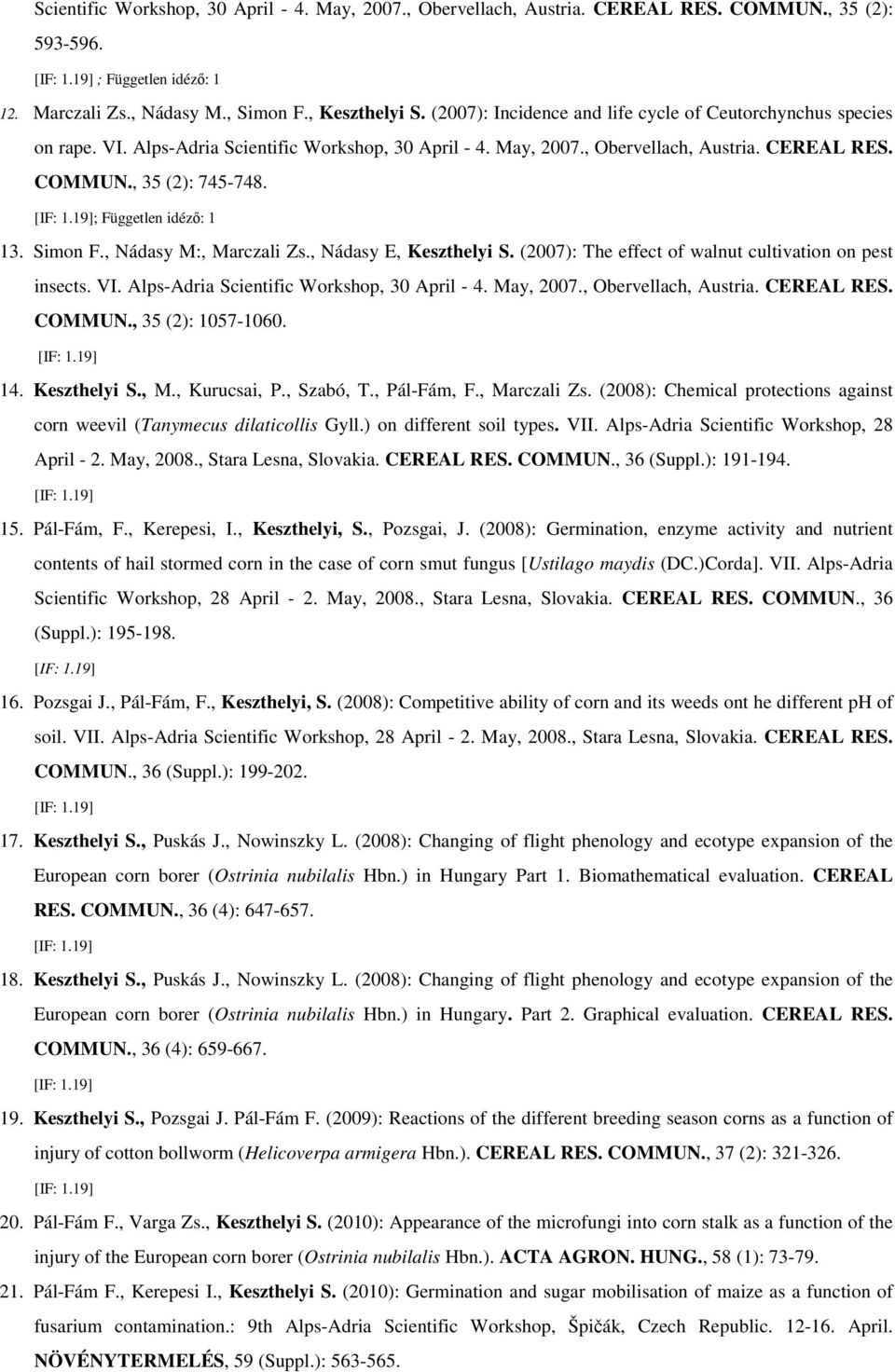 ; Független idéző: 1 13. Simon F., Nádasy M:, Marczali Zs., Nádasy E, Keszthelyi S. (2007): The effect of walnut cultivation on pest insects. VI. Alps-Adria Scientific Workshop, 30 April - 4.