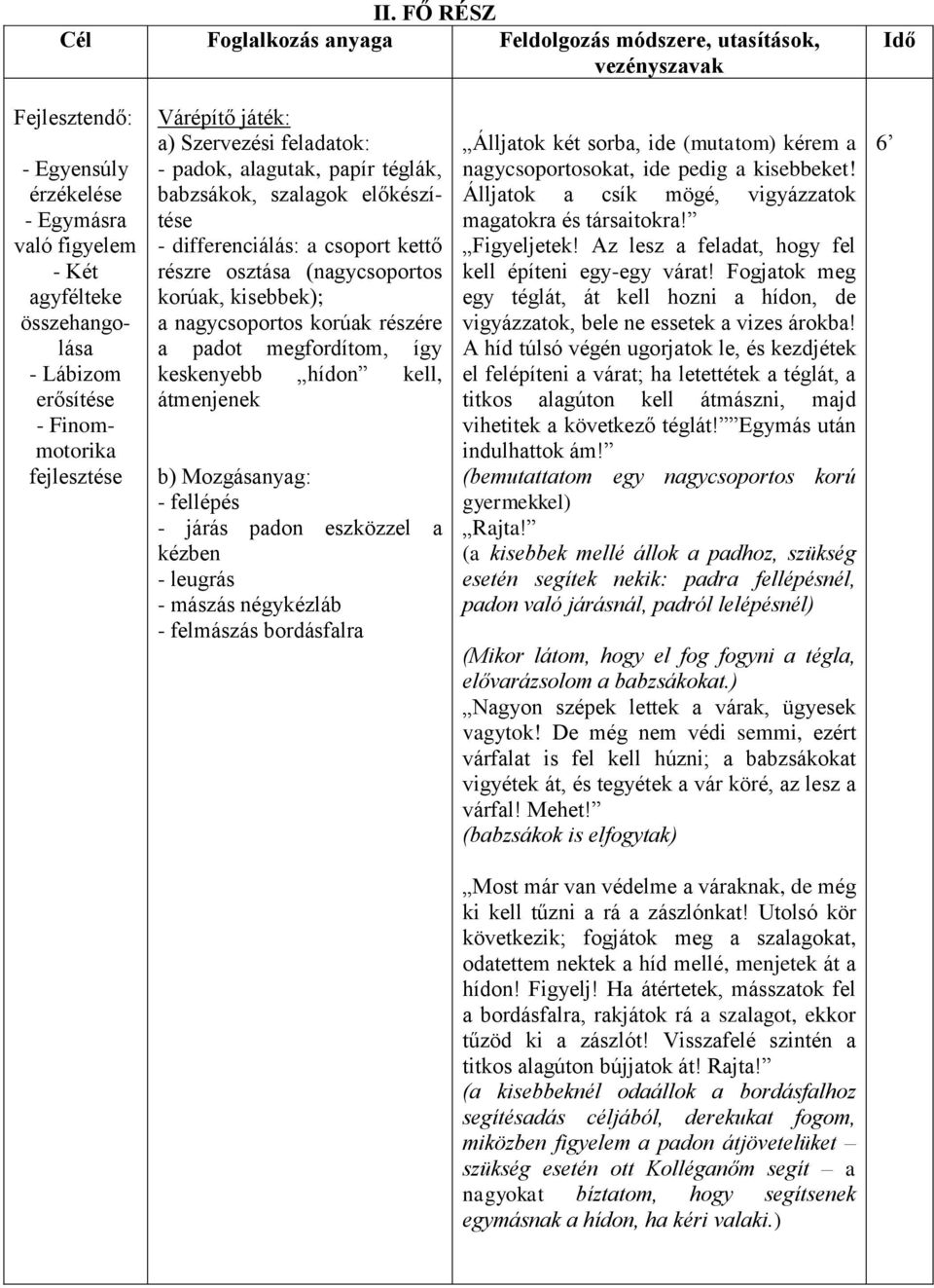 korúak, kisebbek); a nagycsoportos korúak részére a padot megfordítom, így keskenyebb hídon kell, átmenjenek b) Mozgásanyag: - fellépés - járás padon eszközzel a kézben - leugrás - mászás négykézláb