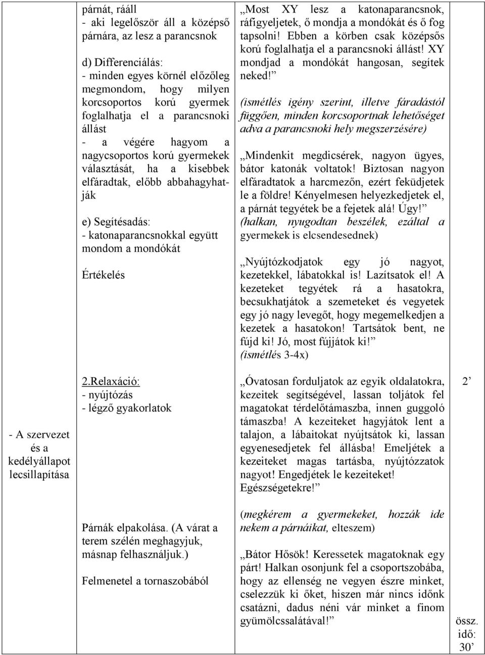 Értékelés Most XY lesz a katonaparancsnok, ráfigyeljetek, ő mondja a mondókát és ő fog tapsolni! Ebben a körben csak középsős korú foglalhatja el a parancsnoki állást!