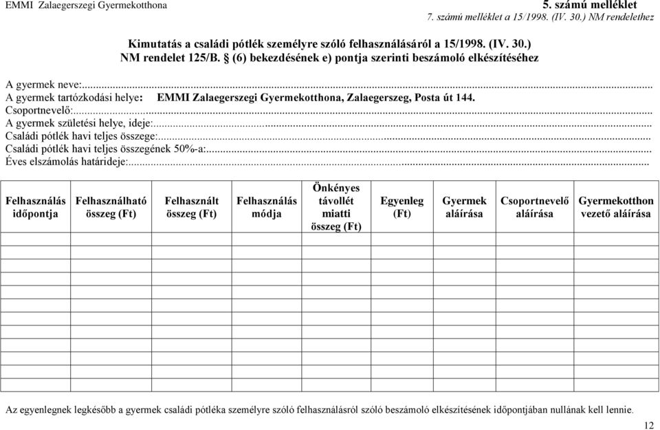 .. A gyermek születési helye, ideje:... Családi pótlék havi teljes összege:... Családi pótlék havi teljes összegének 50%-a:... Éves elszámolás határideje:.