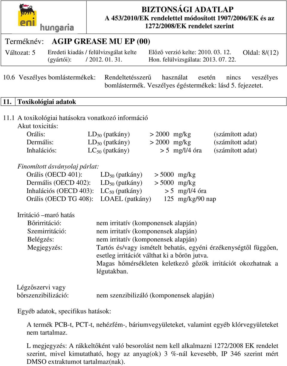 (patkány) > 5 mg/l/4 óra (számított adat) Finomított ásványolaj párlat: Orális (OECD 401): LD 50 (patkány) > 5000 mg/kg Dermális (OECD 402): LD 50 (patkány) > 5000 mg/kg Inhalációs (OECD 403): LC 50