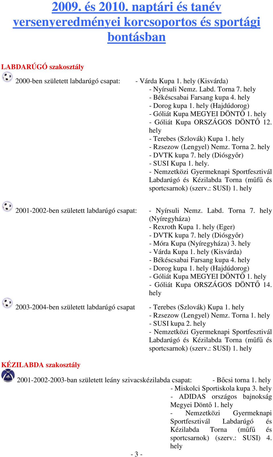 hely - Rzsezow (Lengyel) Nemz. Torna 2. hely - DVTK kupa 7. hely (Diósgyır) - SUSI Kupa 1. hely. - Gyermeknapi Labdarúgó és Kézilabda Torna (mőfő és sportcsarnok) 1.