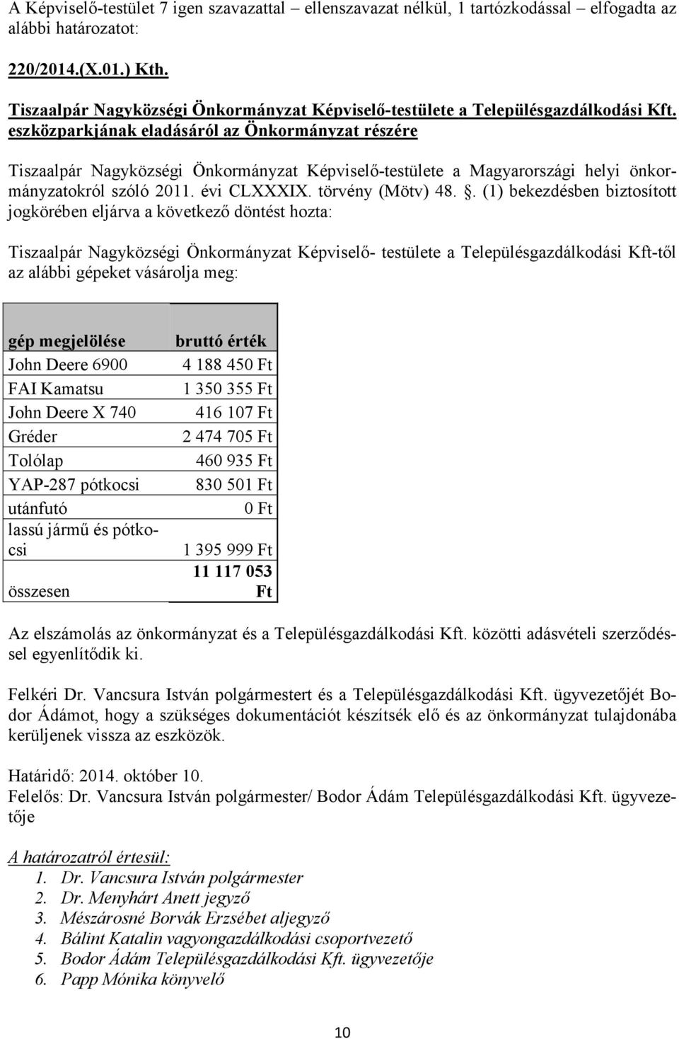 eszközparkjának eladásáról az Önkormányzat részére Tiszaalpár Nagyközségi Önkormányzat Képviselő-testülete a Magyarországi helyi önkormányzatokról szóló 2011. évi CLXXXIX. törvény (Mötv) 48.