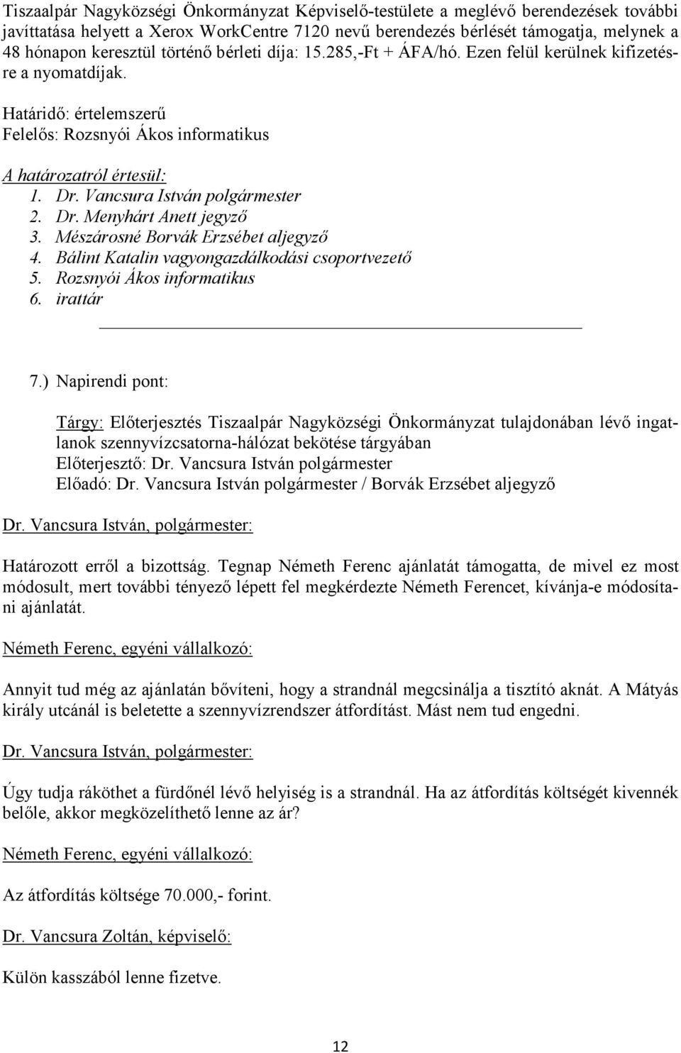 Vancsura István polgármester 2. Dr. Menyhárt Anett jegyző 3. Mészárosné Borvák Erzsébet aljegyző 4. Bálint Katalin vagyongazdálkodási csoportvezető 5. Rozsnyói Ákos informatikus 6. irattár 7.