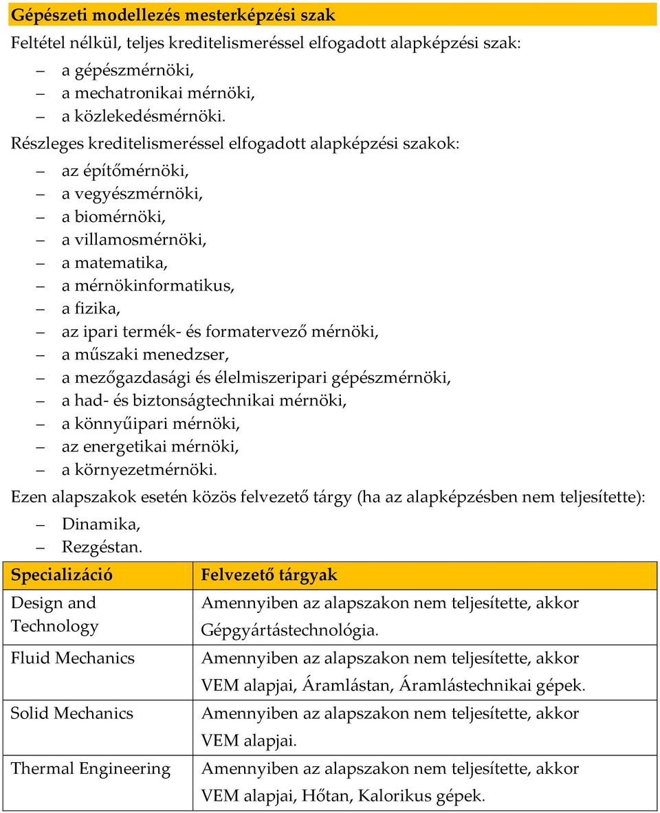 műszaki menedzser, a mezőgazdasági és élelmiszeripari gépészmérnöki, a had- és biztonságtechnikai mérnöki, a könnyűipari mérnöki, az energetikai mérnöki, a