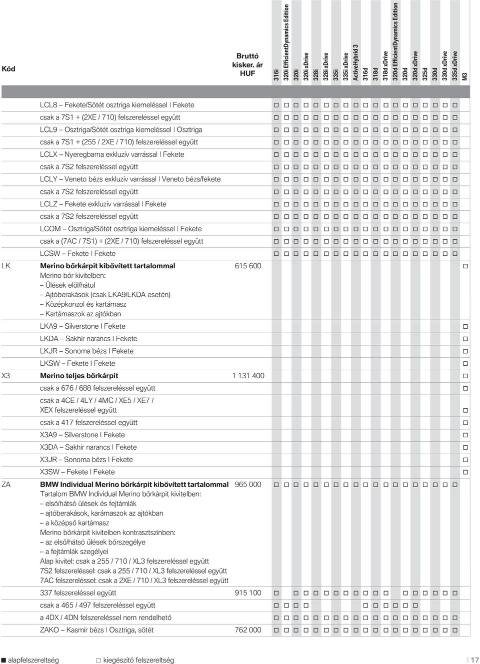 bézs/fekete csak a 7S2 felszereléssel együtt LCLZ Fekete exkluzív varrással Fekete csak a 7S2 felszereléssel együtt LCOM Osztriga/Sötét sztriga kiemeléssel Fekete csak a (7AC / 7S1) + (2XE / 710)