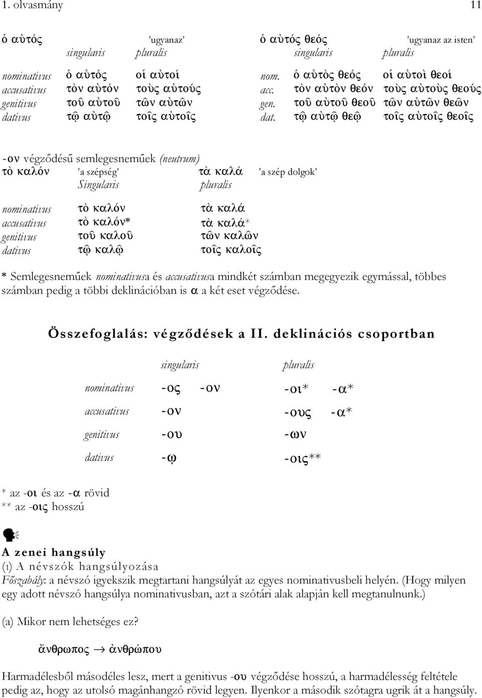 végződésű semlegesneműek (neutrum) a szépség a szép dolgok Singularis pluralis nominativus accusativus * genitivus dativus Semlegesneműek nominativusa és accusativusa mindkét számban megegyezik