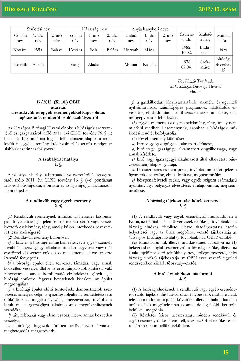 Születési hely Munkakör Budapest Szekszárd bíró bírósági tisztviselő 17/2012. (X. 18.