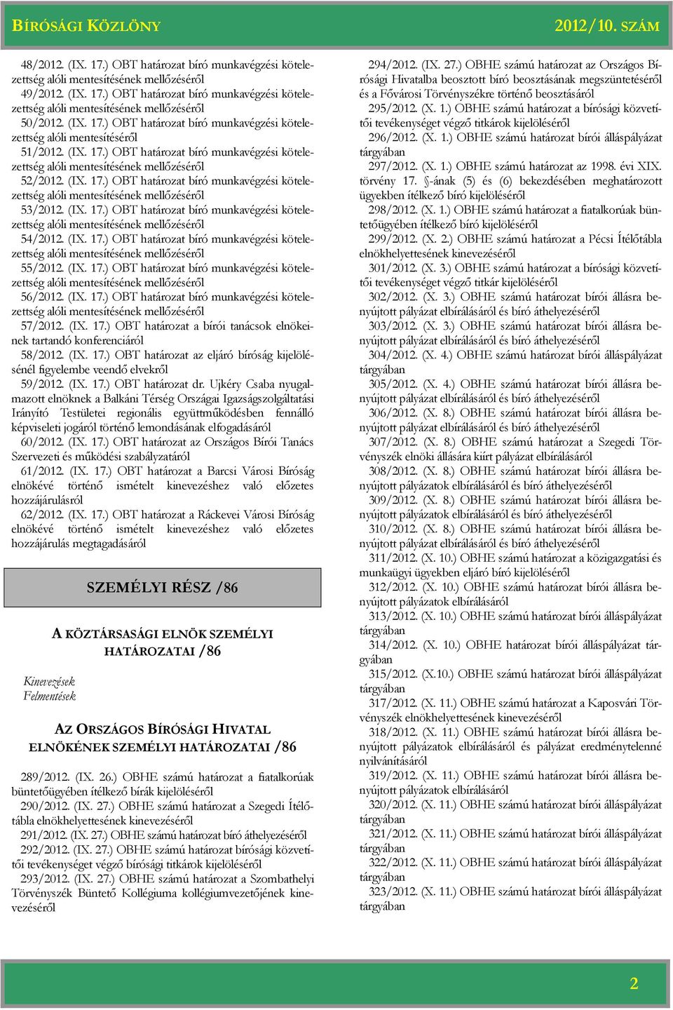 (IX. 17.) OBT bíró munkavégzési kötelezettség alóli mentesítésének mellőzéséről 55/2012. (IX. 17.) OBT bíró munkavégzési kötelezettség alóli mentesítésének mellőzéséről 56/2012. (IX. 17.) OBT bíró munkavégzési kötelezettség alóli mentesítésének mellőzéséről 57/2012.