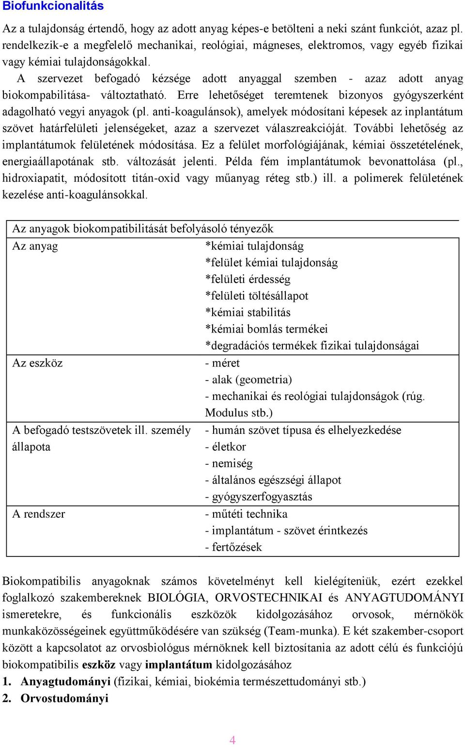 A szervezet befogadó kézsége adott anyaggal szemben - azaz adott anyag biokompabilitása- változtatható. Erre lehetőséget teremtenek bizonyos gyógyszerként adagolható vegyi anyagok (pl.