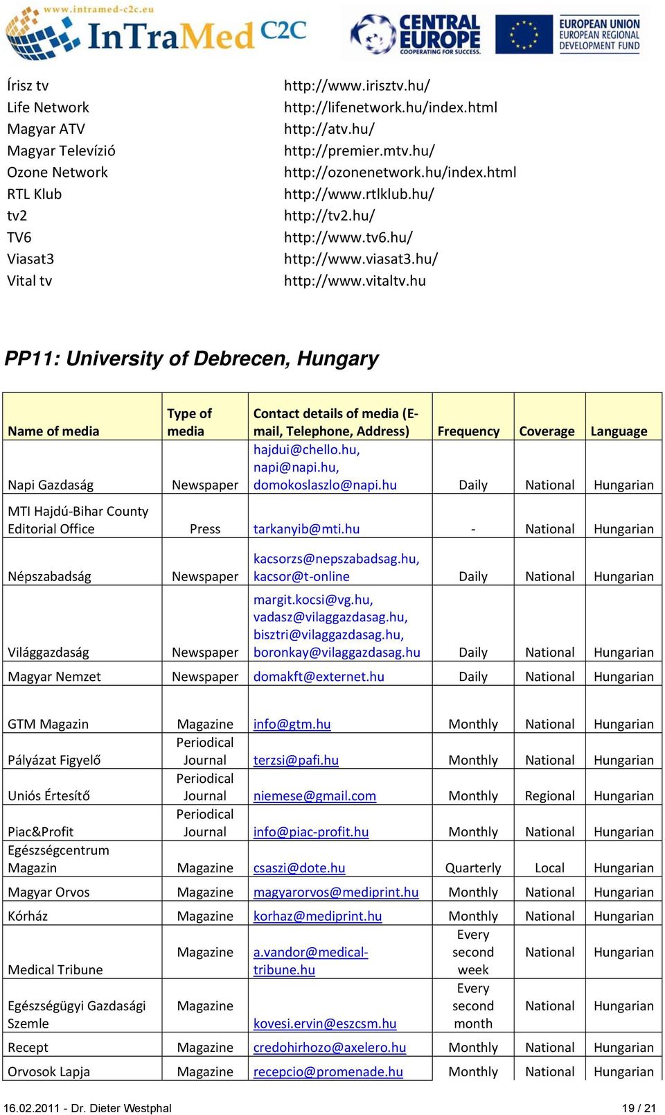 hu PP11: University of Debrecen, Hungary Name of media Napi Gazdaság Type of media Newspaper Contact details of media (Email, Telephone, Address) Frequency Coverage Language hajdui@chello.