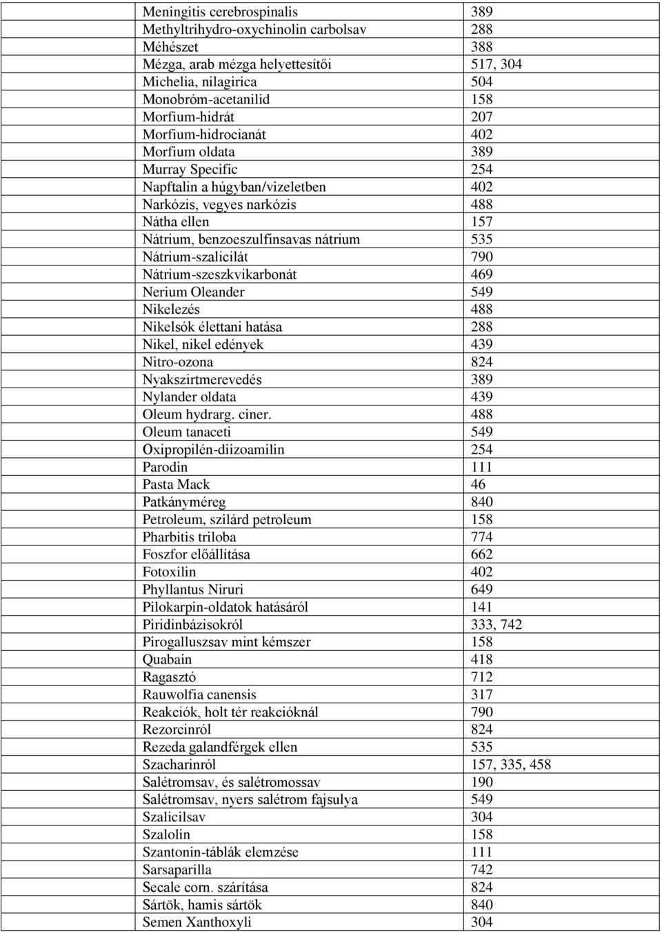 Nátrium-szalicilát 790 Nátrium-szeszkvikarbonát 469 Nerium Oleander 549 Nikelezés 488 Nikelsók élettani hatása 288 Nikel, nikel edények 439 Nitro-ozona 824 Nyakszirtmerevedés 389 Nylander oldata 439