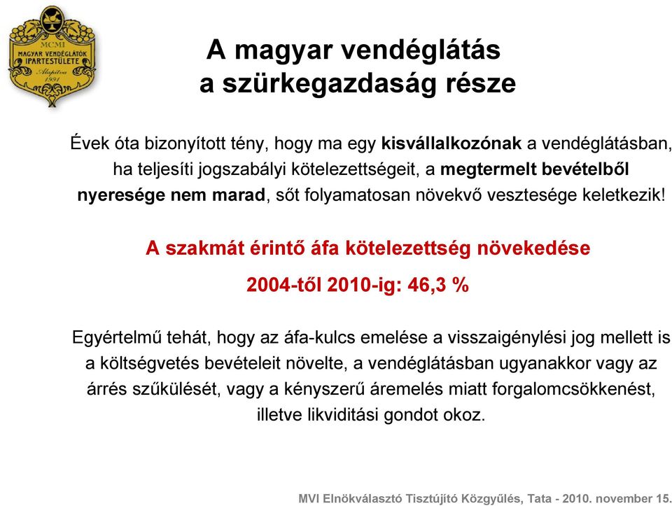 A szakmát érintő áfa kötelezettség növekedése 2004-től 2010-ig: 46,3 % Egyértelmű tehát, hogy az áfa-kulcs emelése a visszaigénylési jog