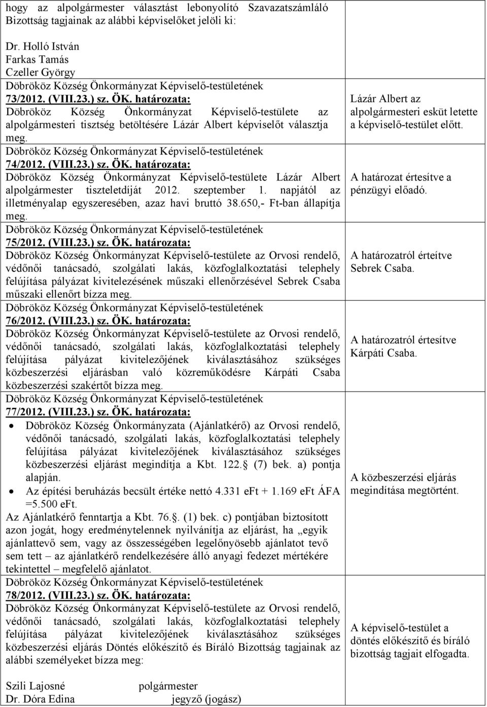 határozata:u Döbrököz Község Önkormányzat Képviselő-testülete Lázár Albert alpolgármester tiszteletdíját 2012. szeptember 1. napjától az illetményalap egyszeresében, azaz havi bruttó 38.