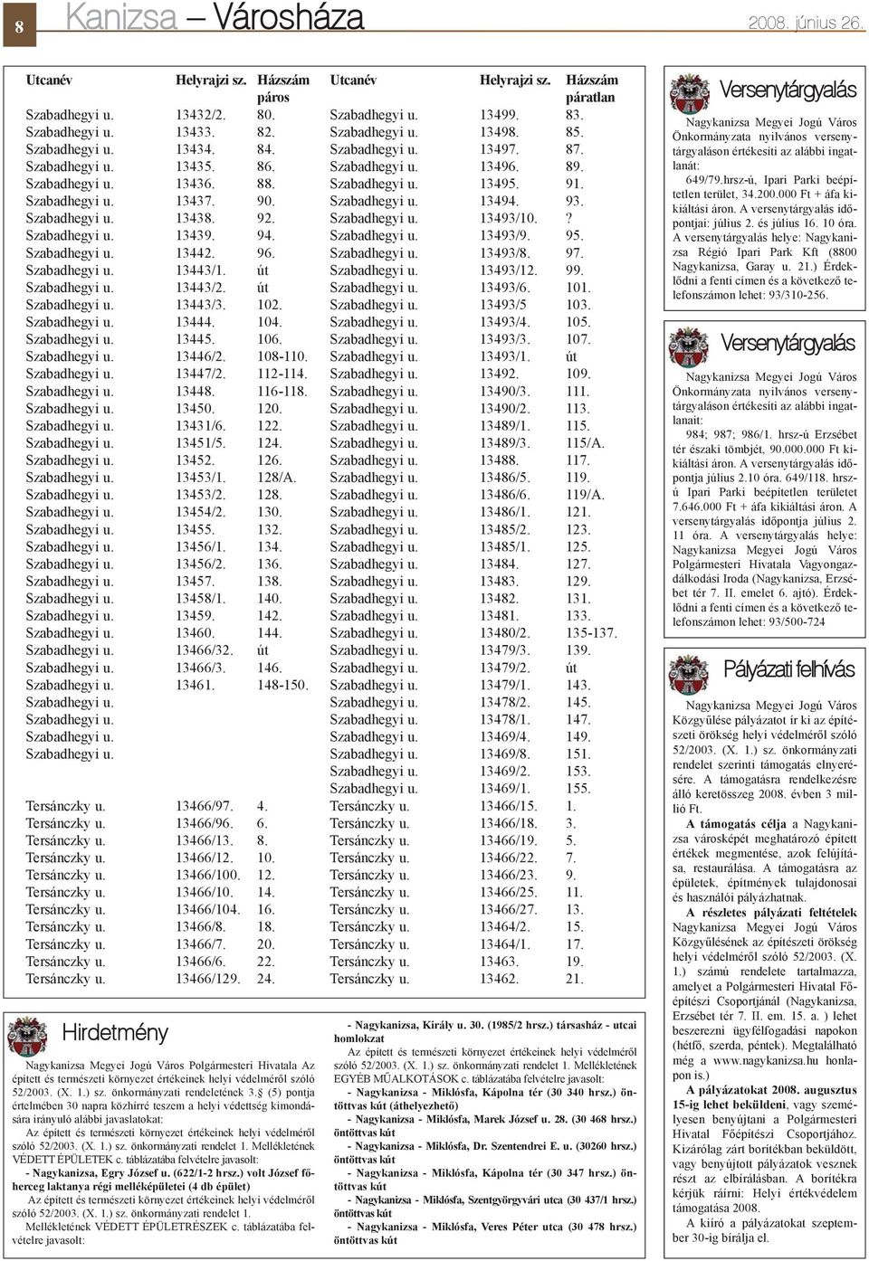 90. Szabadhegyi u. 13494. 93. Szabadhegyi u. 13438. 92. Szabadhegyi u. 13493/10.? Szabadhegyi u. 13439. 94. Szabadhegyi u. 13493/9. 95. Szabadhegyi u. 13442. 96. Szabadhegyi u. 13493/8. 97.