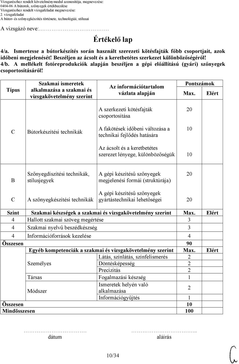 Típus Szakmai ismeretek alkalmazása a szakmai és vizsgakövetelmény szerint Az információtartalom vázlata alapján Pontszámok Max.