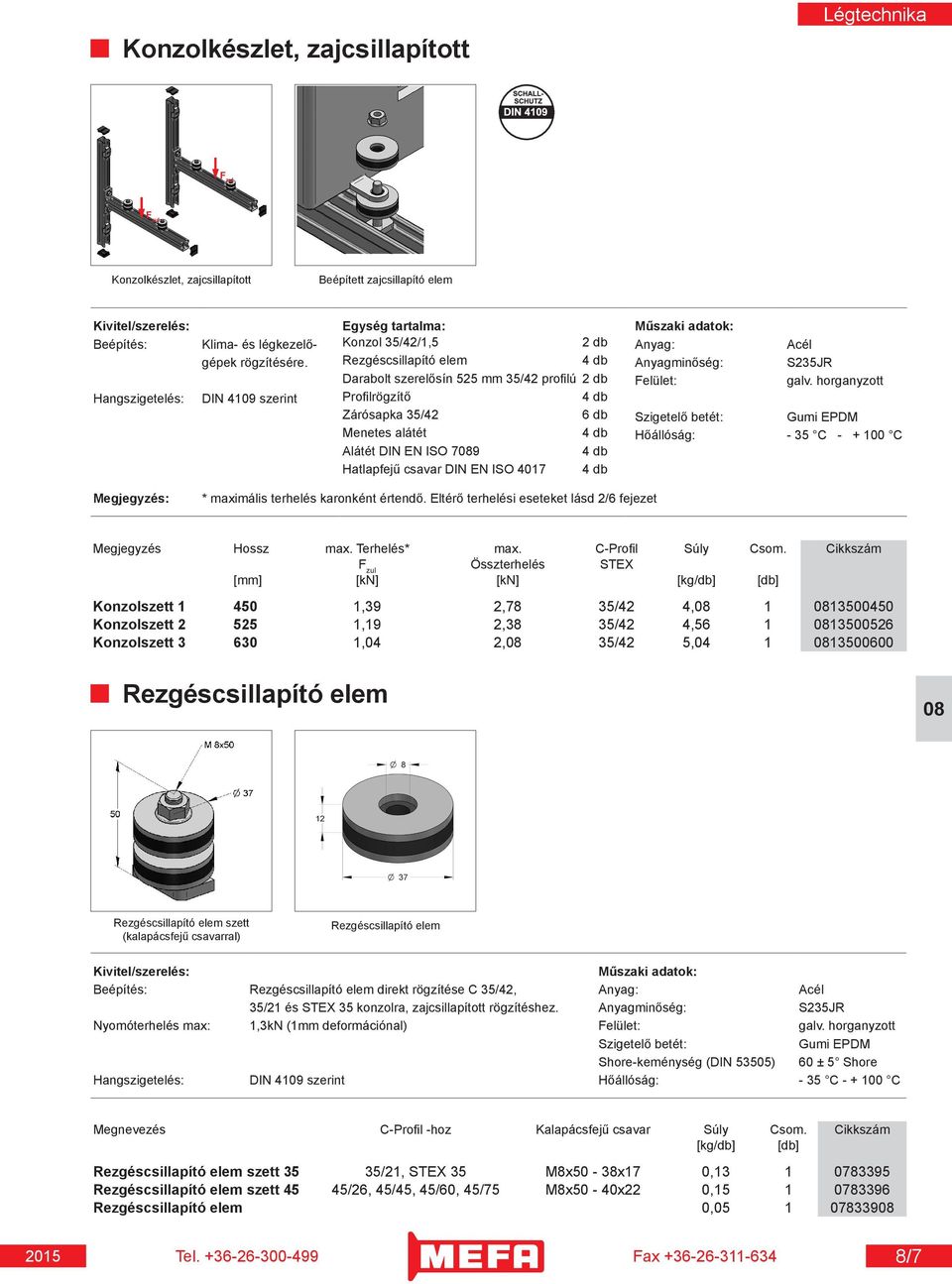 horganyzott Hangszigetelés: DIN 4109 szerint Profilrögzítő 4 db Zárósapka 35/42 6 db Szigetelő betét: Gumi EPDM Menetes alátét 4 db Hőállóság: - 35 C - + 100 C Alátét DIN EN ISO 79 4 db Hatlapfejű