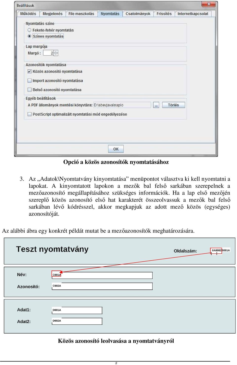 Ha a lap első mezőjén szereplő közös azonosító első hat karakterét összeolvassuk a mezők bal felső sarkában lévő kódrésszel, akkor