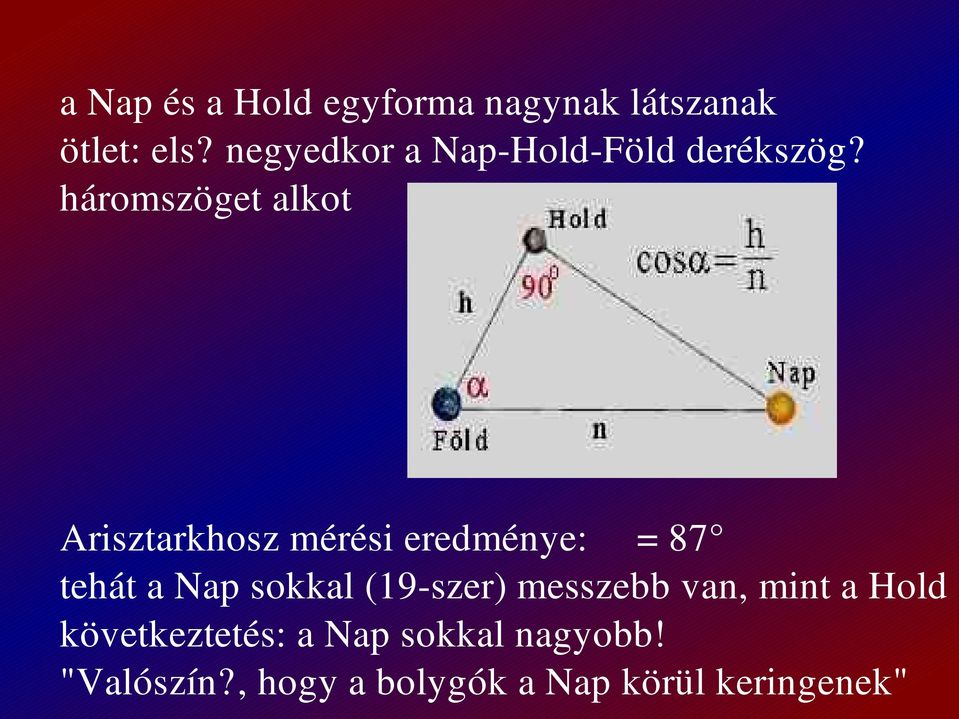 háromszöget alkot Arisztarkhosz mérési eredménye: = 87 tehát a Nap