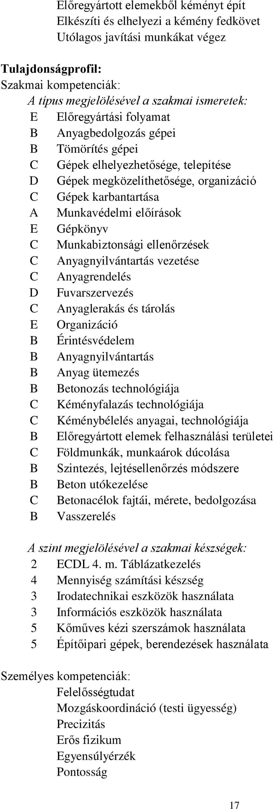 C Munkabiztonsági ellenőrzések C Anyagnyilvántartás vezetése C Anyagrendelés D Fuvarszervezés C Anyaglerakás és tárolás E Organizáció B Érintésvédelem B Anyagnyilvántartás B Anyag ütemezés B