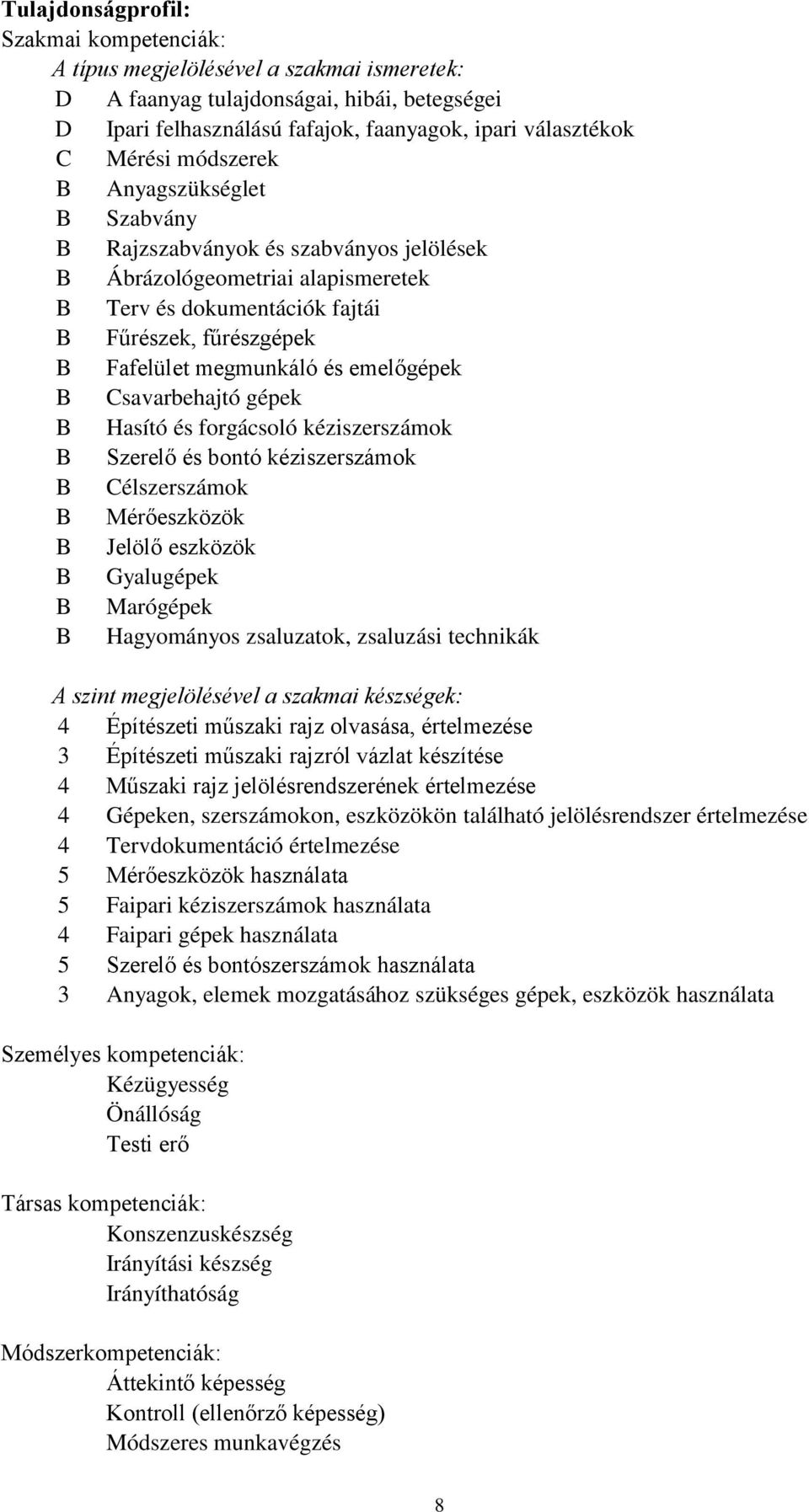 emelőgépek B Csavarbehajtó gépek B Hasító és forgácsoló kéziszerszámok B Szerelő és bontó kéziszerszámok B Célszerszámok B Mérőeszközök B Jelölő eszközök B Gyalugépek B Marógépek B Hagyományos