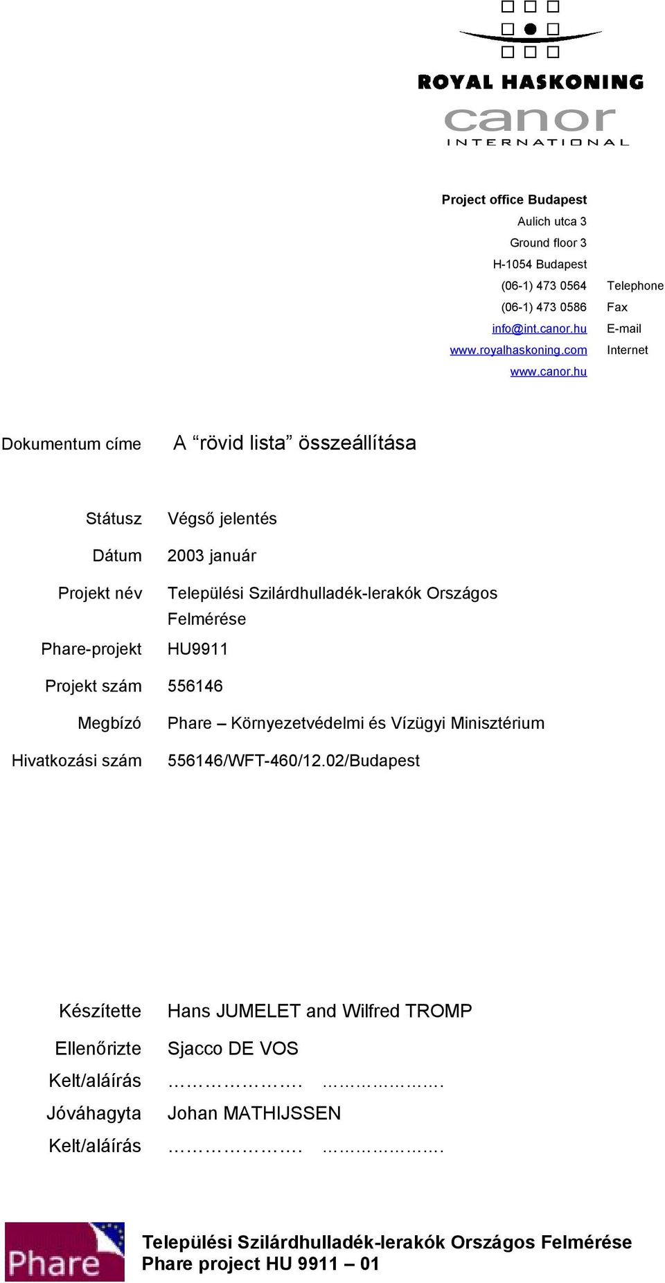 .hu Dokumentum címe Státusz Dátum Projekt név Phare-projekt Végső jelentés 2003 január Települési Szilárdhulladék-lerakók Országos Felmérése HU9911