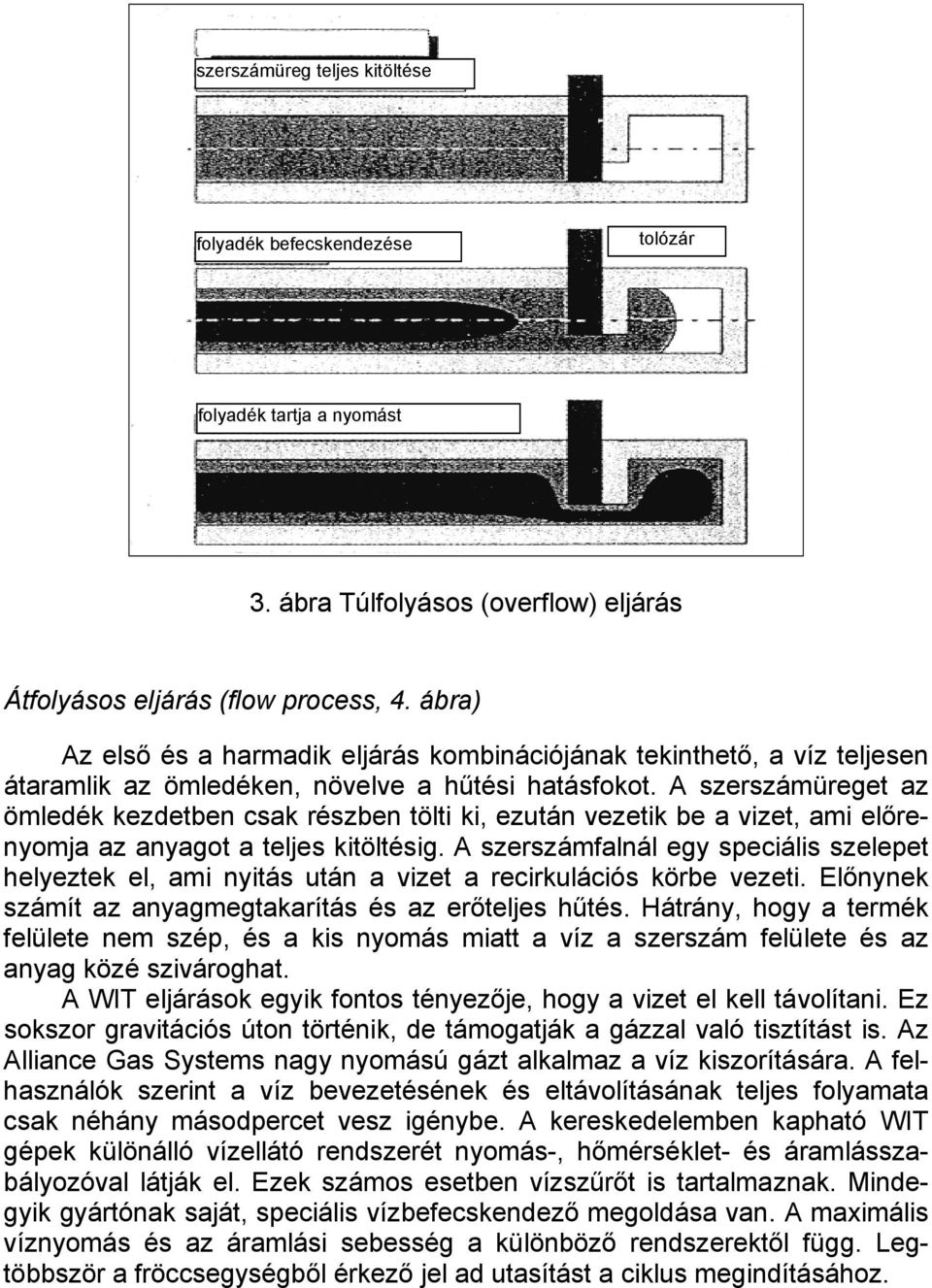 A szerszámüreget az ömledék kezdetben csak részben tölti ki, ezután vezetik be a vizet, ami előrenyomja az anyagot a teljes kitöltésig.