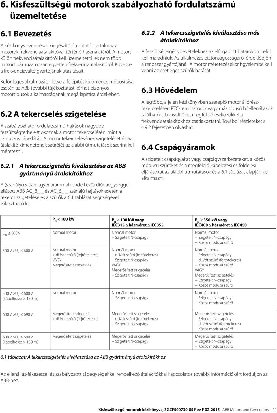 Különleges alkalmazás, illetve a felépítés különleges módosításai esetén az ABB további tájékoztatást kérhet bizonyos motortípusok alkalmasságának megállapítása érdekében. 6.