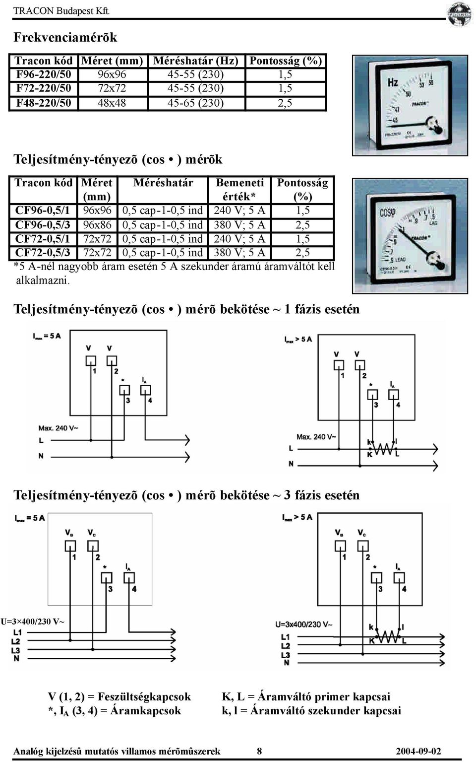 CF72-0,5/3 72x72 0,5 cap-1-0,5 ind 380 V; 5 A 2,5 *5 A-nél nagyobb áram esetén 5 A szekunder áramú áramváltót kell alkalmazni.