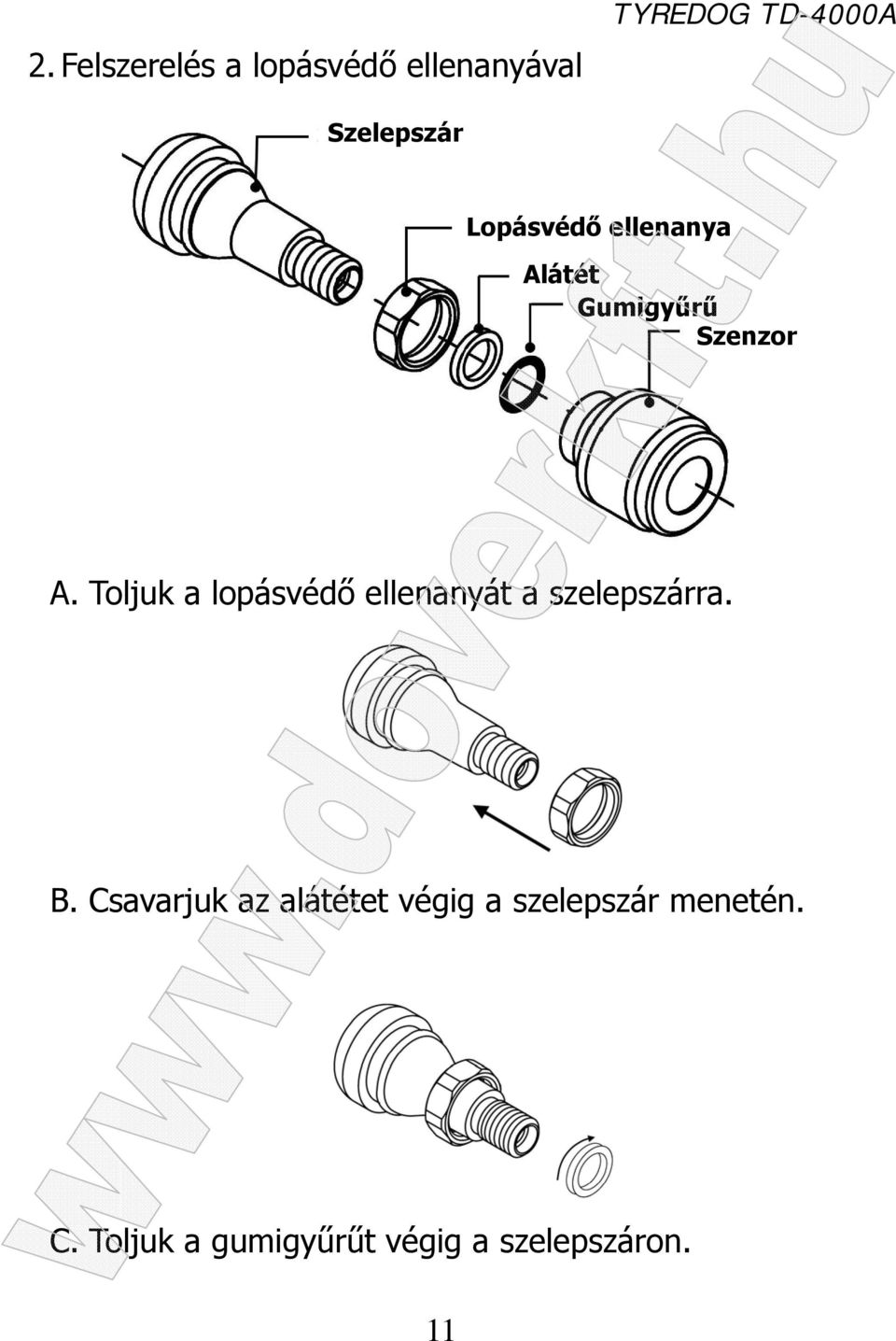 Toljuk a lopásvédő ellenanyát a szelepszárra. B.