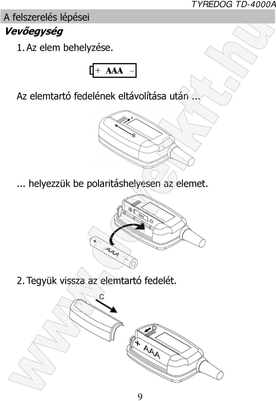 Az elemtartó fedelének eltávolítása után.