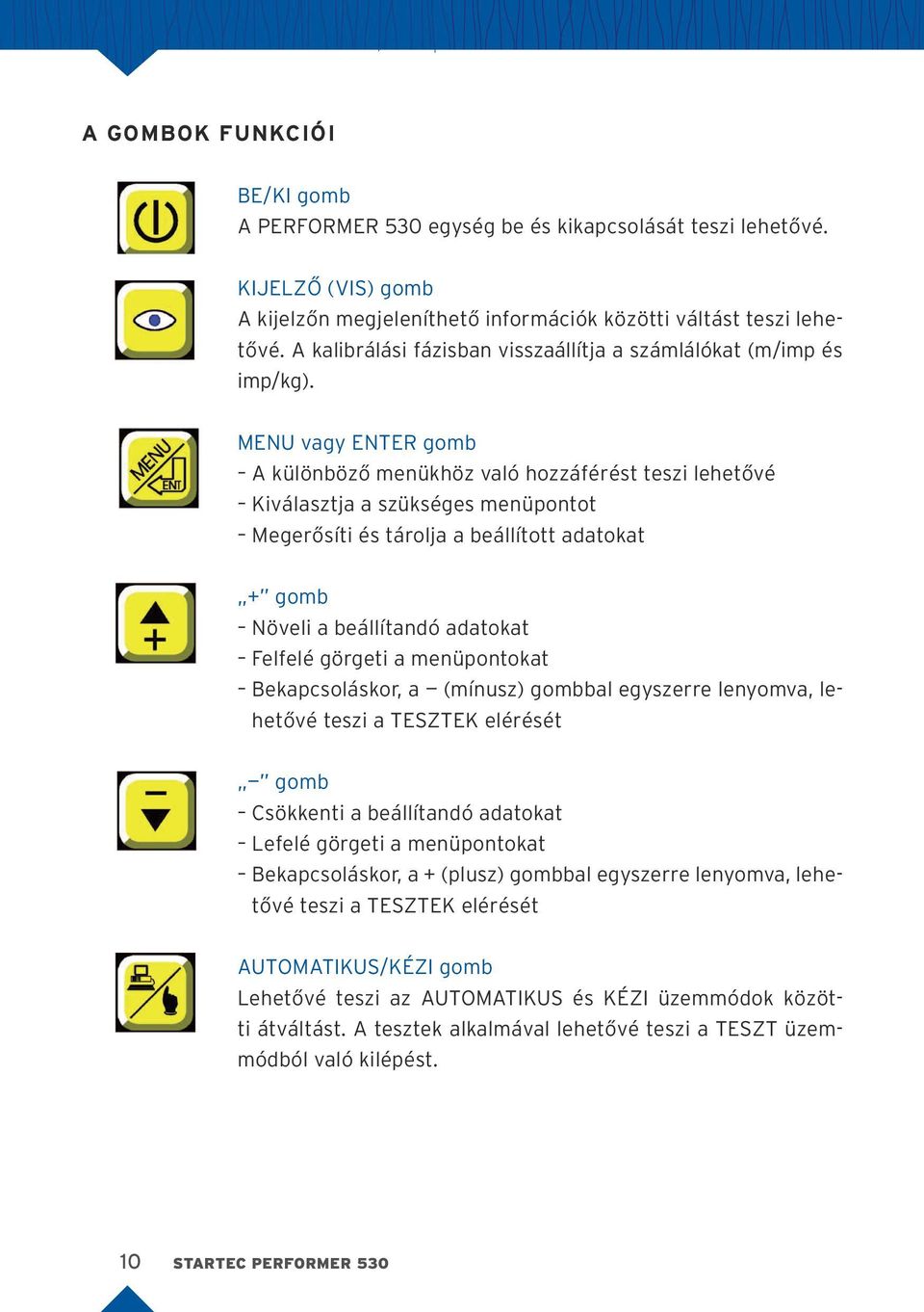 MENU vagy ENTER gomb A különböző menükhöz való hozzáférést teszi lehetővé Kiválasztja a szükséges menüpontot Megerősíti és tárolja a beállított adatokat + gomb Növeli a beállítandó adatokat Felfelé