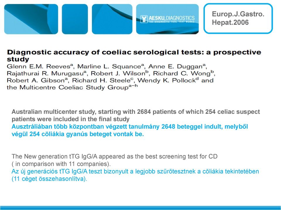 final study Ausztráliában több központban végzett tanulmány 2648 beteggel indult, melyből végül 254 cöliákia gyanús beteget