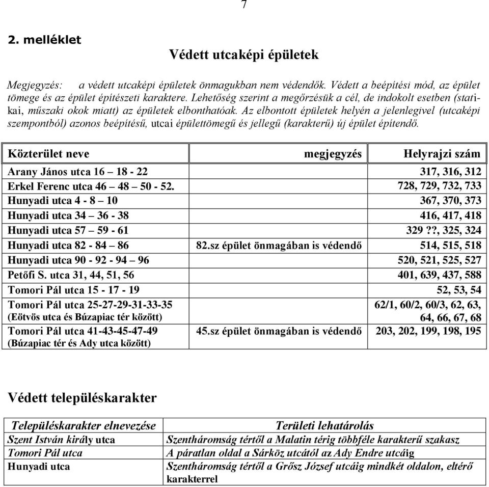 Az elbontott épületek helyén a jelenlegivel (utcaképi szempontból) azonos beépítésű, utcai épülettömegű és jellegű (karakterű) új épület építendő.